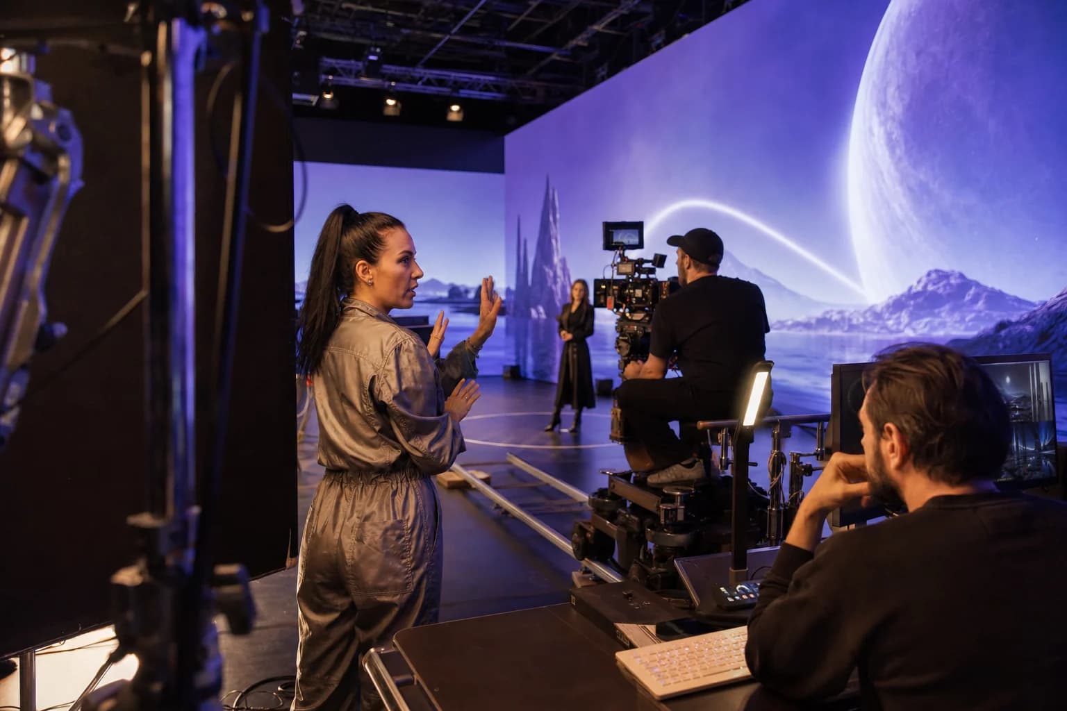 An AI content creator directing a virtual production shoot on an LED stage