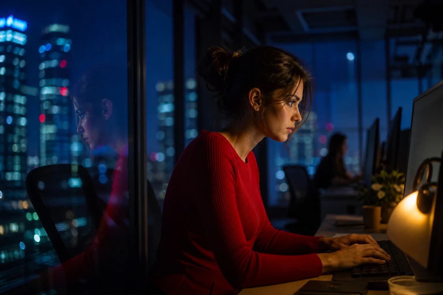A chat sales operator managing live written conversations during an evening shift