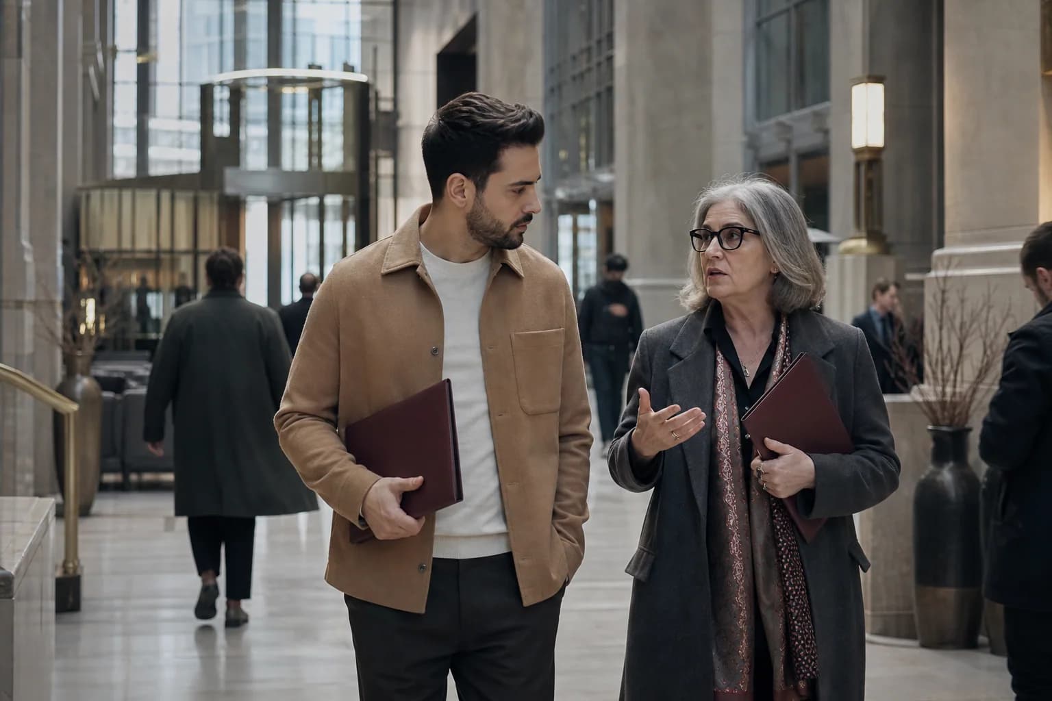 A client relationship manager holding a focused walking meeting with a business client