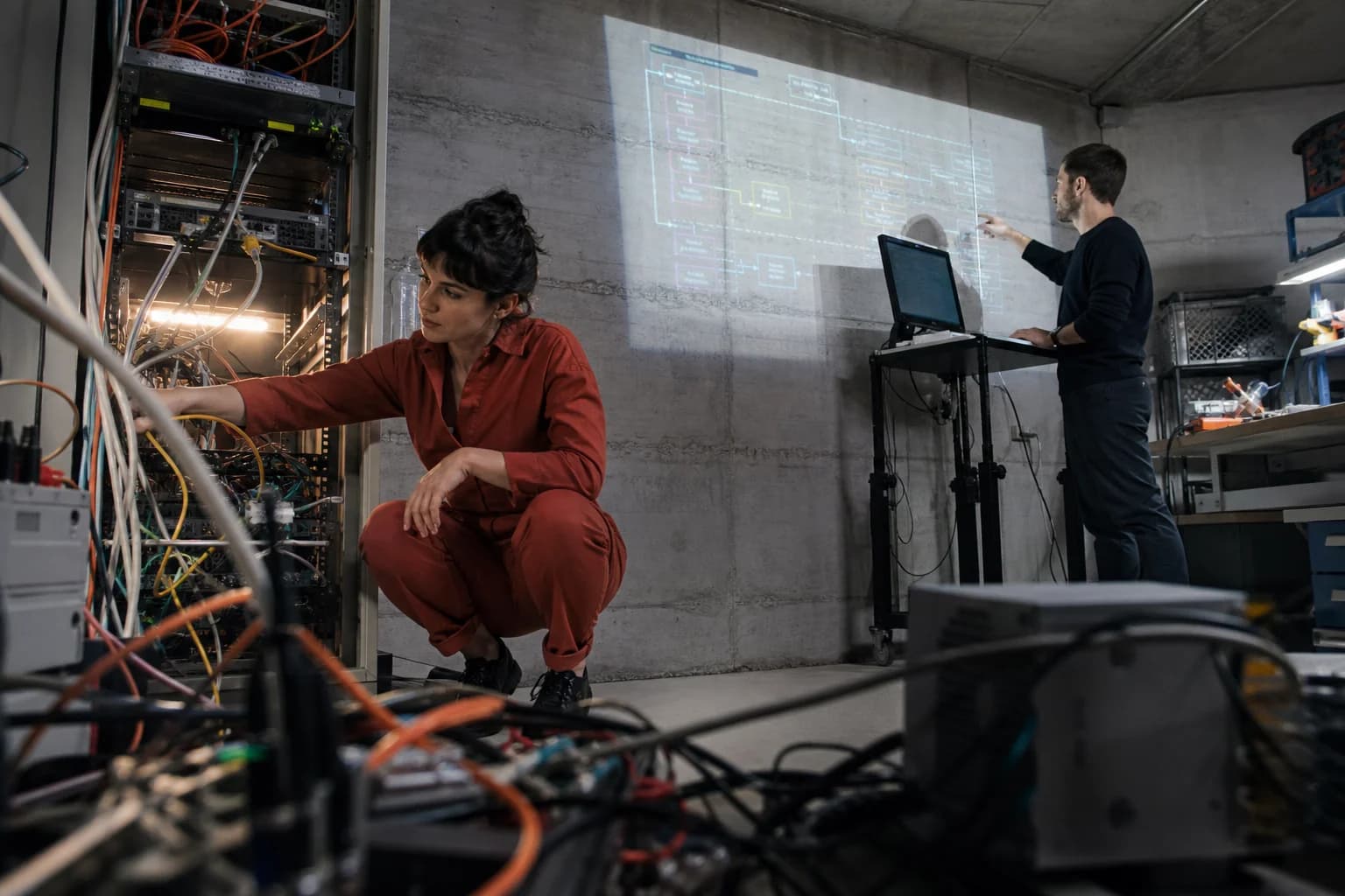 Two software engineers diagnosing a system inside a hands-on product lab