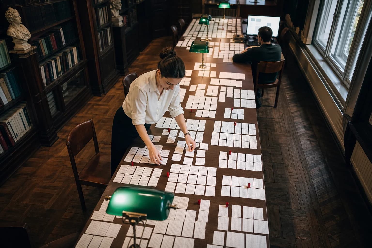 A search advertising strategist organizing query patterns across a long research table