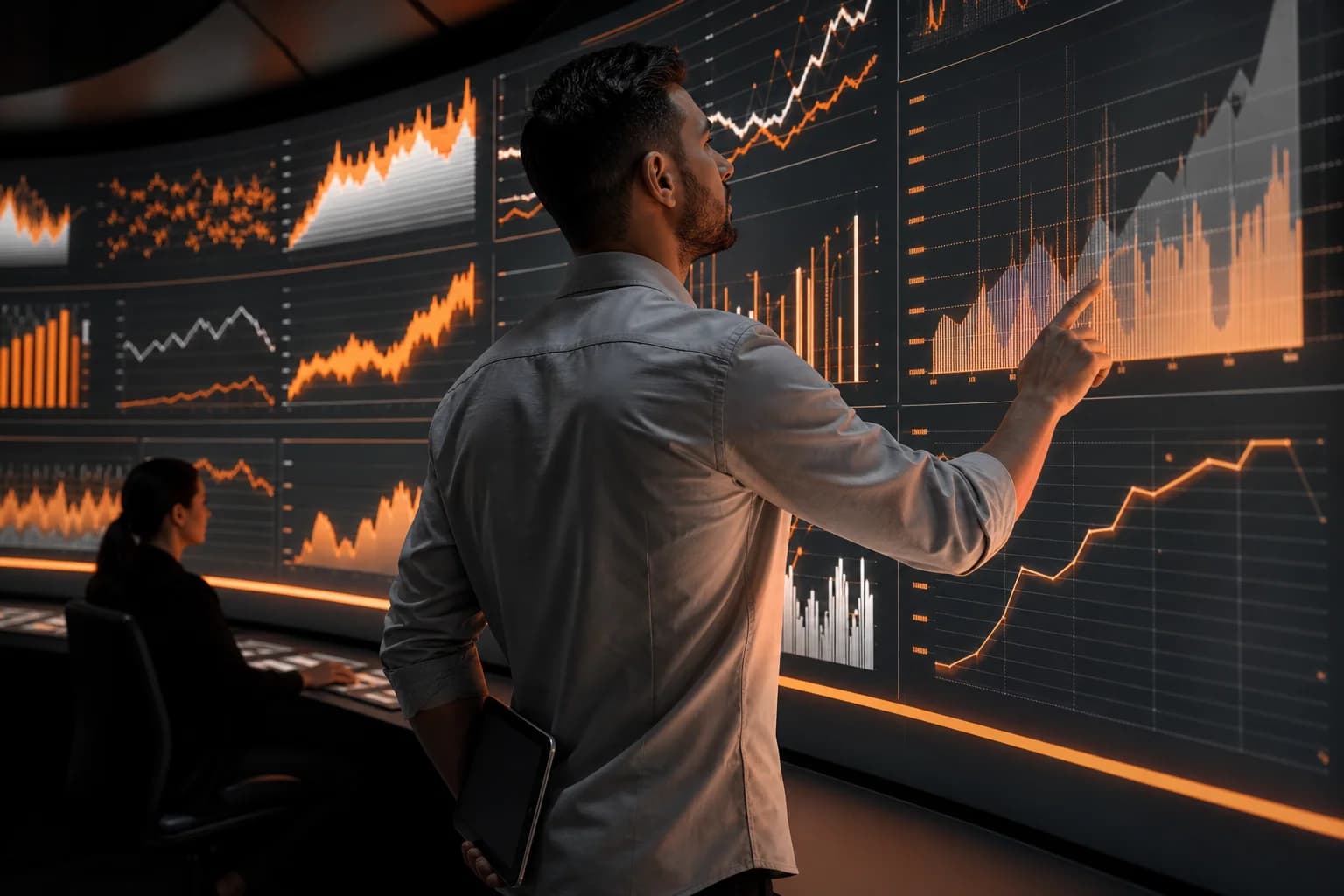 A paid social specialist analyzing campaign signals across a large data wall