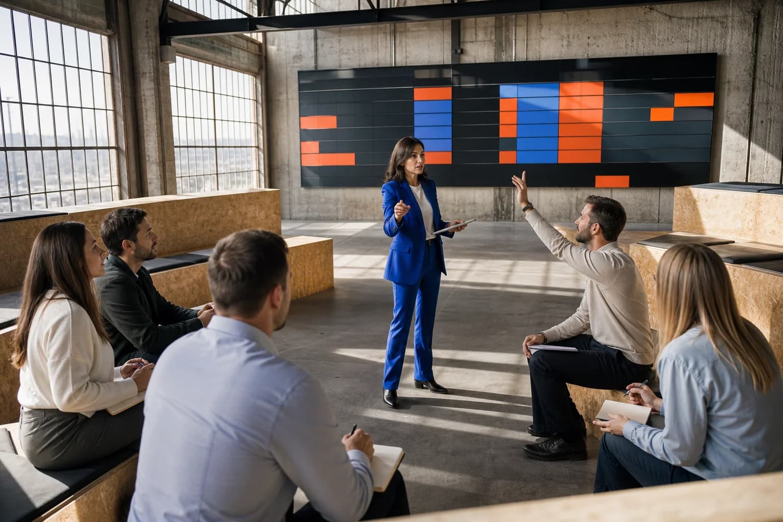A sales team lead directing a performance session from an industrial briefing floor