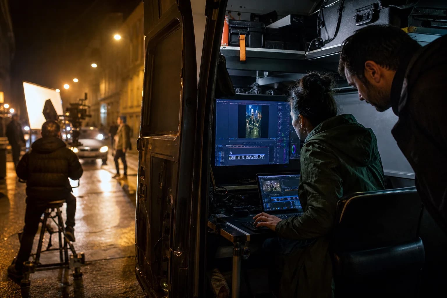 A short-form editor cutting footage from a mobile post-production van during a night shoot