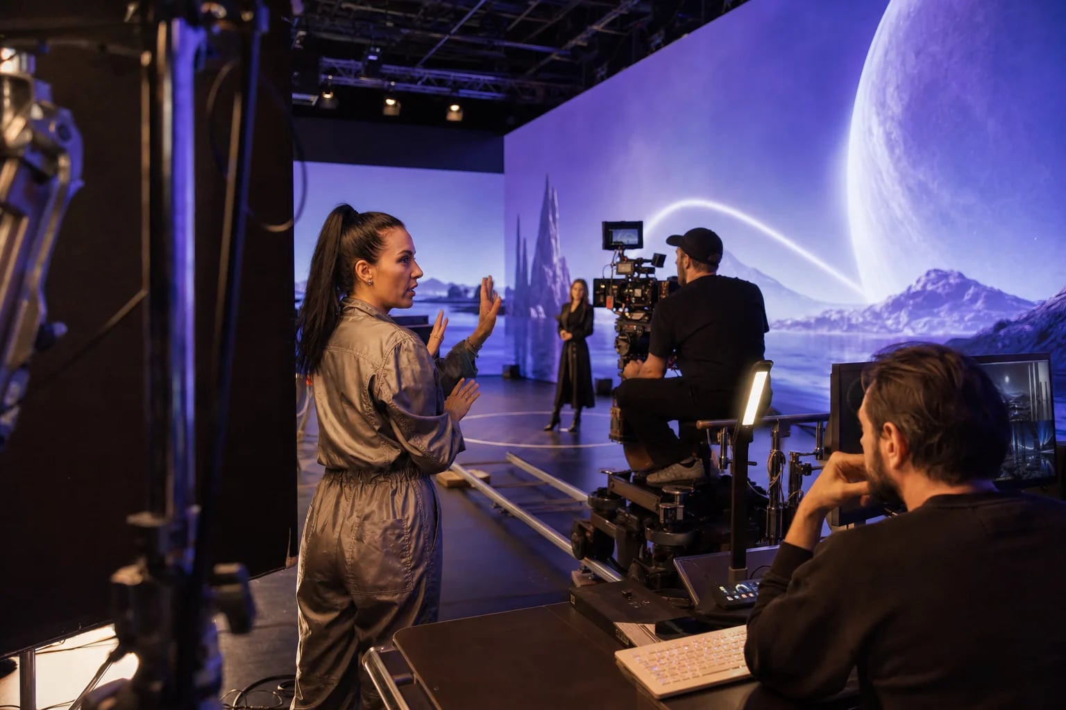An AI content creator directing a virtual production shoot on an LED stage