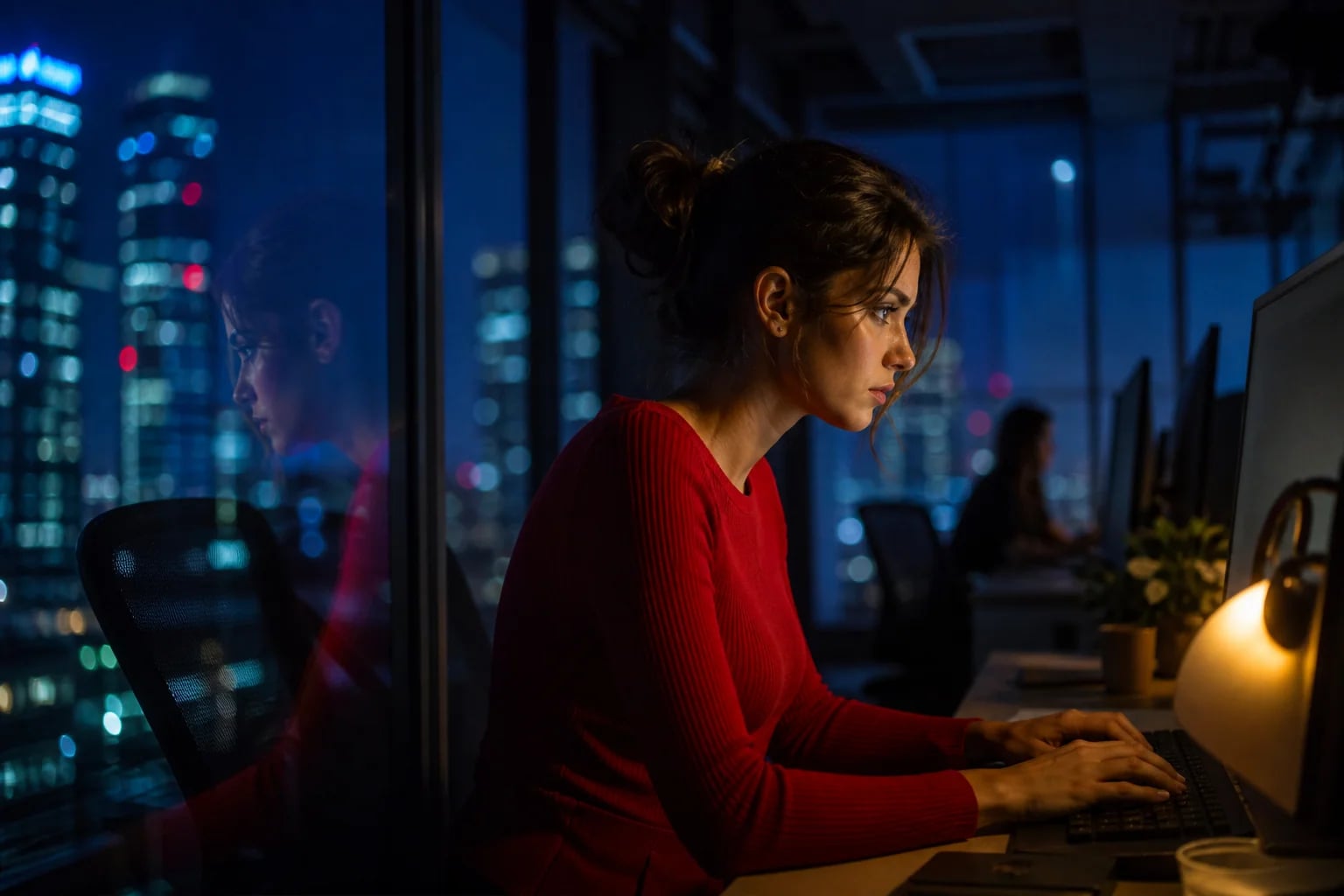 A chat sales operator managing live written conversations during an evening shift