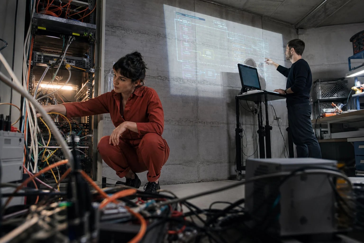 Two software engineers diagnosing a system inside a hands-on product lab