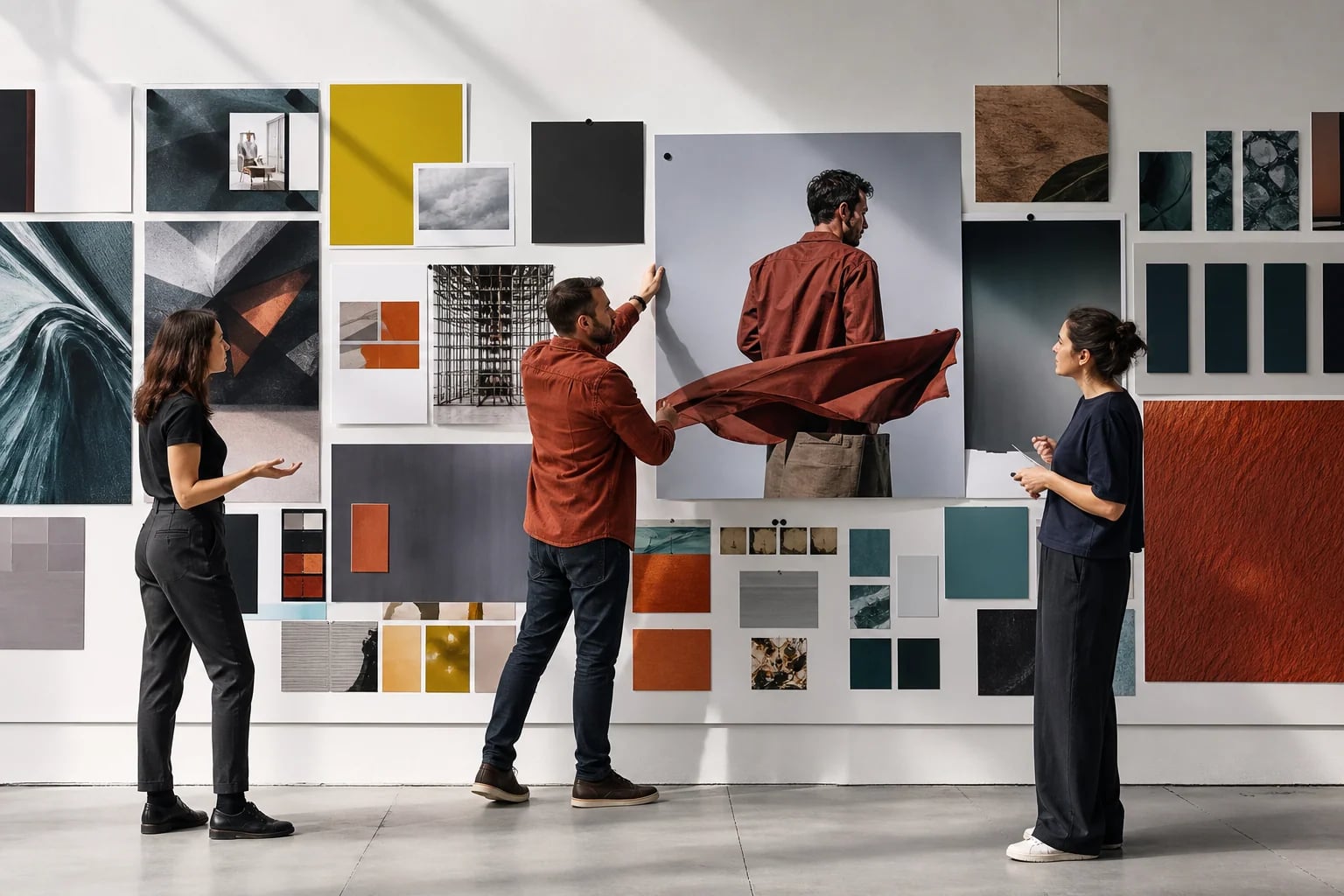A marketing manager building a large campaign wall with a cross-functional team