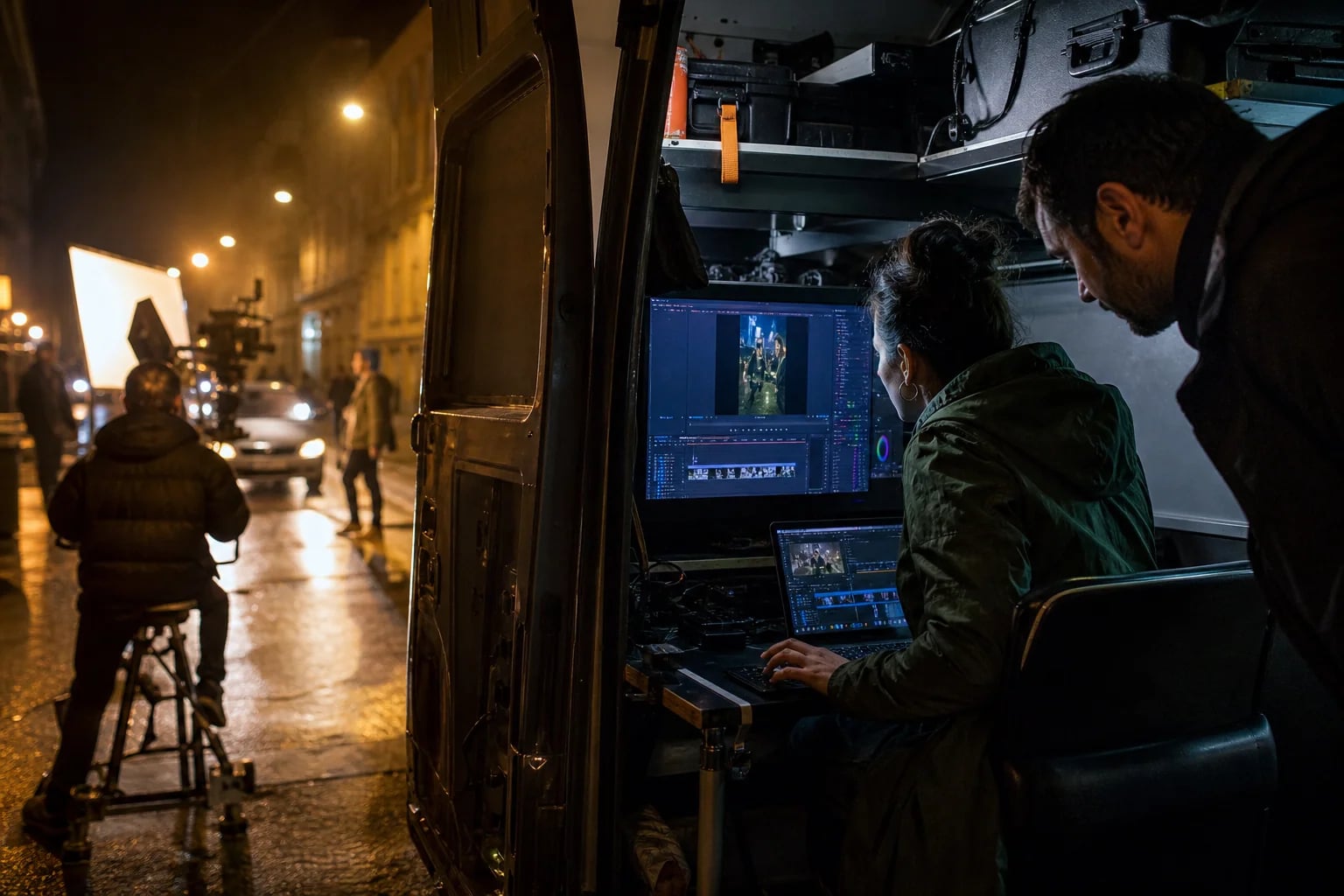 A short-form editor cutting footage from a mobile post-production van during a night shoot
