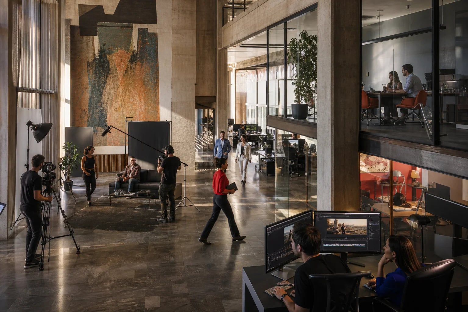 A multidisciplinary business team working across a large creator operations hall