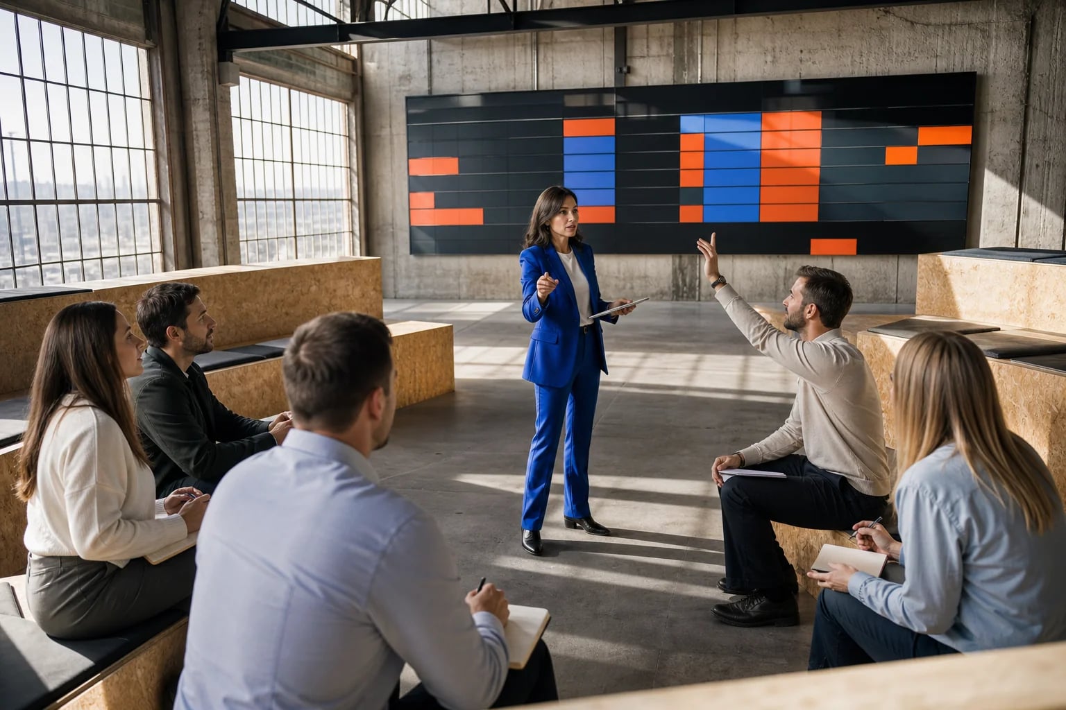 A sales team lead directing a performance session from an industrial briefing floor